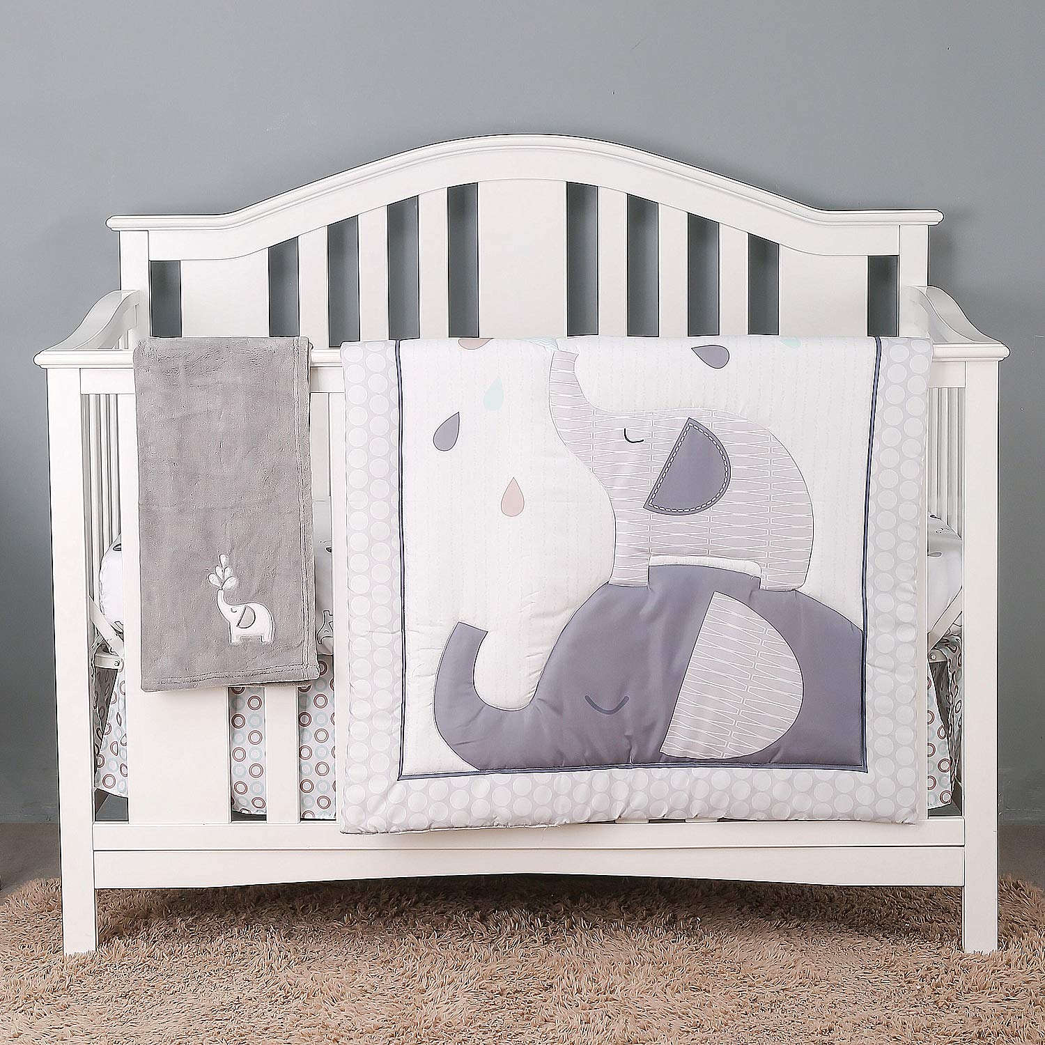 4piece Elephant Nursery Bedding Baby boy Crib Bedding Set Toddler Bedding Microfiber Embroidered Grey | Crib Comforter, Fitted Sheet, Dust Ruffle,Blanket