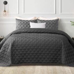 Exclusivo Mezcla Dark Grey Quilt Set Queen Size (90"x96"), Lightweight Summer Quilt Full Queen for All seasons, Soft Modern Geometric Bedspread Coverlet, 3 Piece (1 Quilt, 2 Pillow Shams)