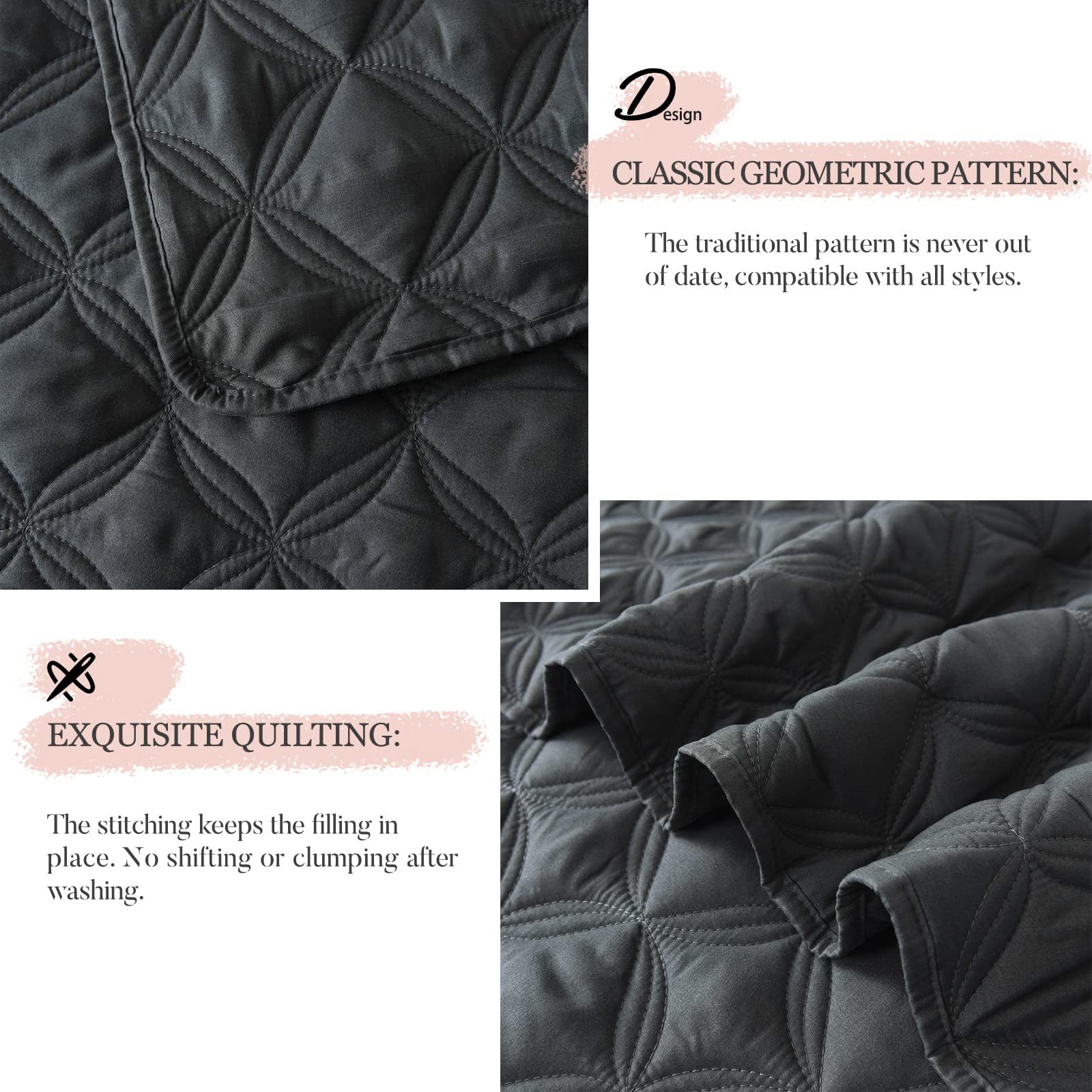 Exclusivo Mezcla Dark Grey Quilt Set Queen Size (90"x96"), Lightweight Summer Quilt Full Queen for All seasons, Soft Modern Geometric Bedspread Coverlet, 3 Piece (1 Quilt, 2 Pillow Shams)