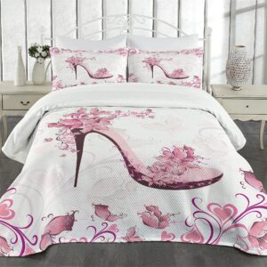 Lunarable Pink and Bedspread, Ornamental Butterflies and Hearts on a High Heel Shoe Feminine Pattern, Decorative Quilted 3 Piece Coverlet Set with 2 Pillow Shams, Queen Size, Pink