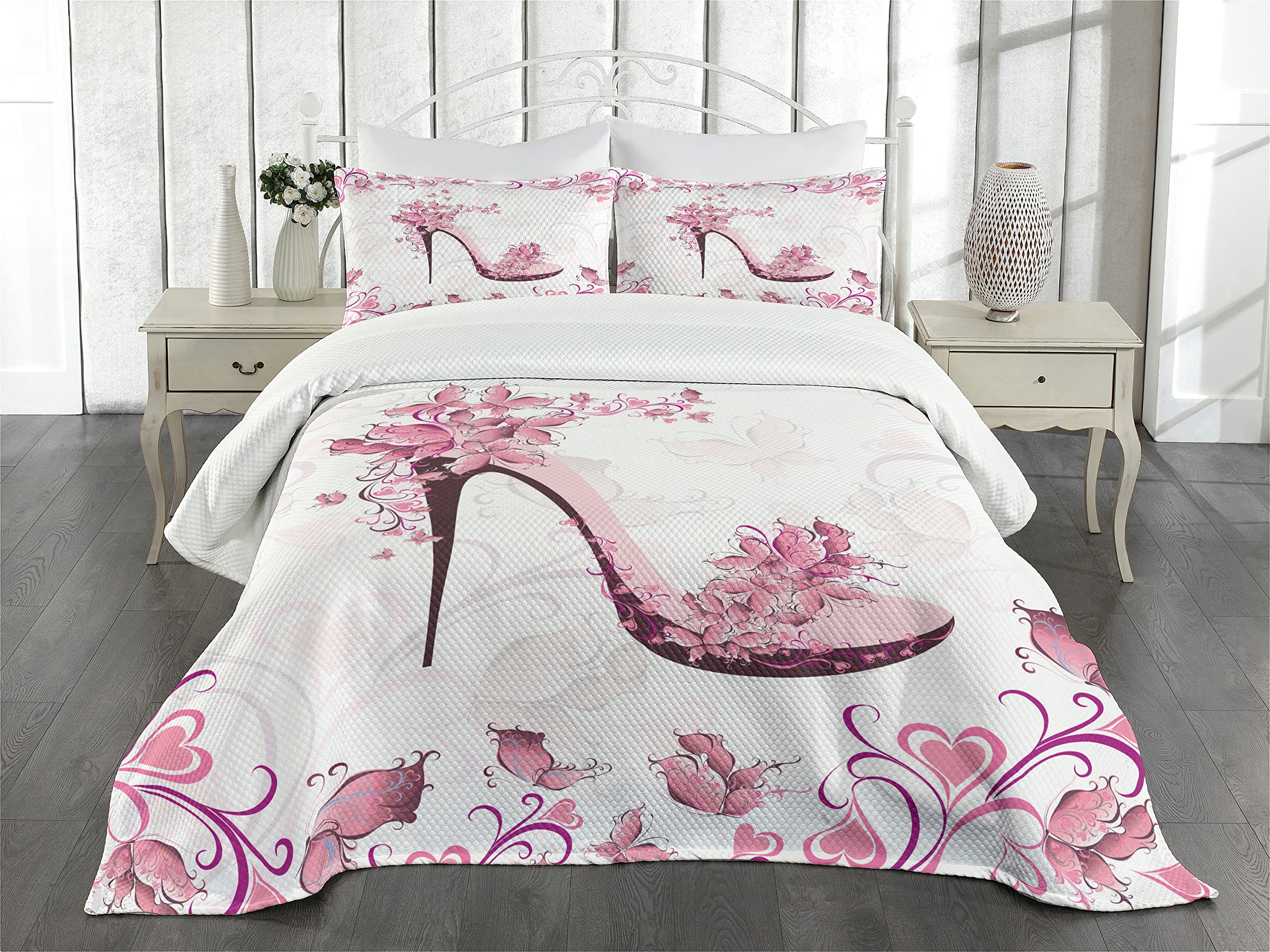 Lunarable Pink and Bedspread, Ornamental Butterflies and Hearts on a High Heel Shoe Feminine Pattern, Decorative Quilted 3 Piece Coverlet Set with 2 Pillow Shams, Queen Size, Pink