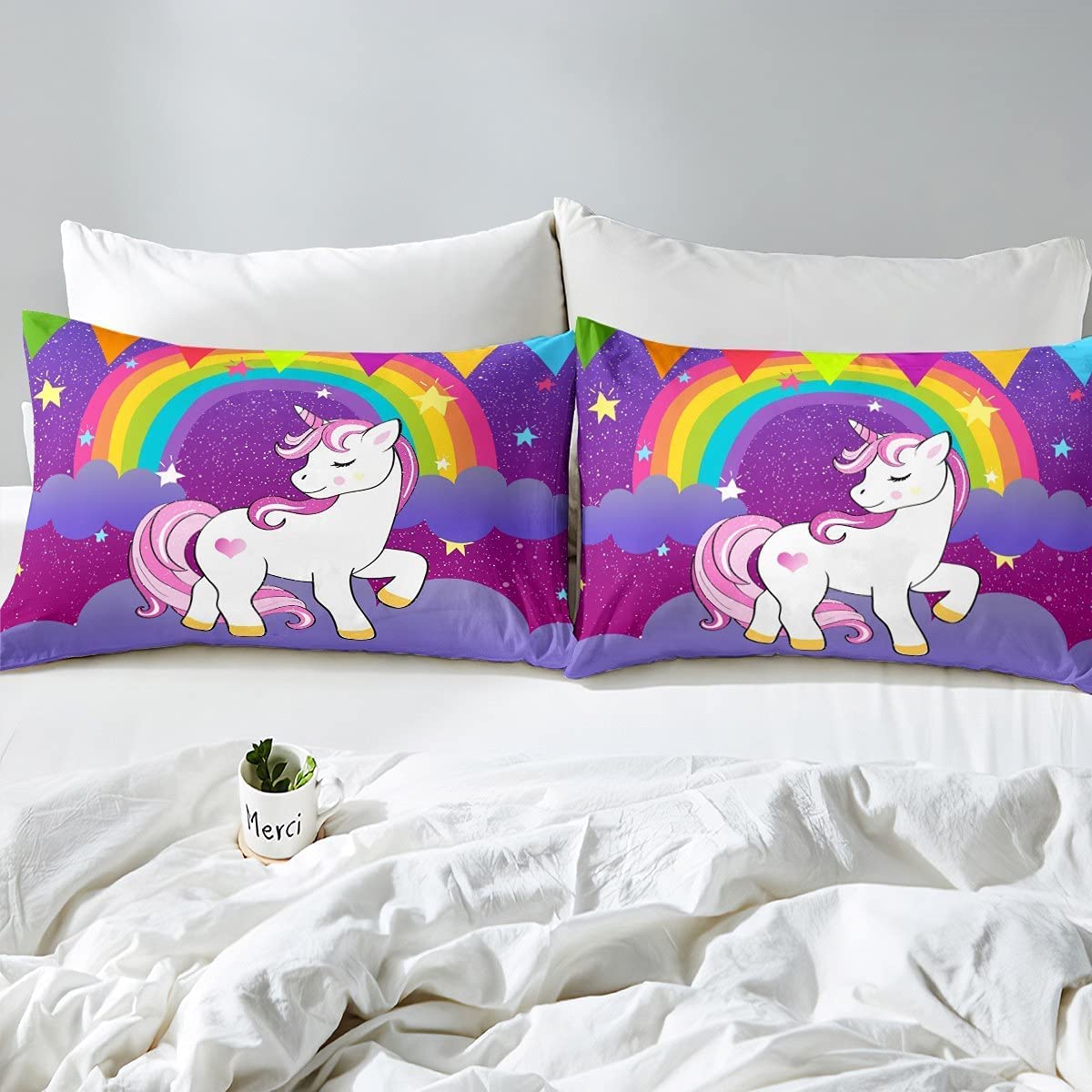 Girls Unicorn Comforter Set King Girls Bedding Set Cute Rainbow Unicorn Print Down Comforter Kids Cartoon Kawaii Duvet Set Galaxy Stars Fantasy Girls Room Decor Children Unicorn Reversible Purple