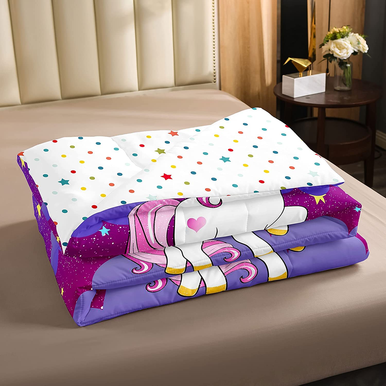 Girls Unicorn Comforter Set King Girls Bedding Set Cute Rainbow Unicorn Print Down Comforter Kids Cartoon Kawaii Duvet Set Galaxy Stars Fantasy Girls Room Decor Children Unicorn Reversible Purple