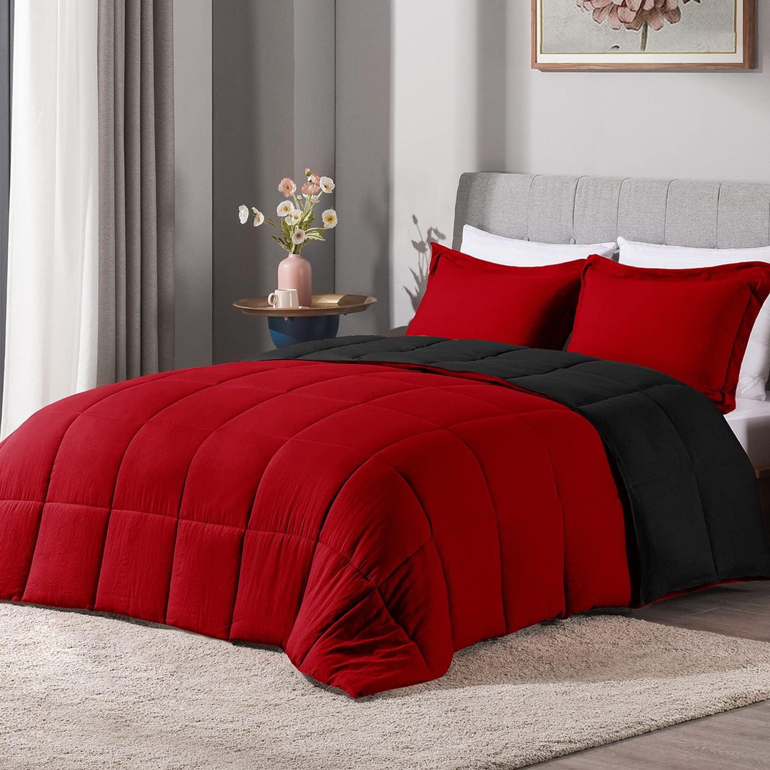 LOVTEX 3PCS Black and Red Comforter Set Queen - Ultra Soft Washed Microfiber Comforter Queen Set - Reversible Down Alternative Red Comforter Queen with 2 Pillow Shams(Red/Black)