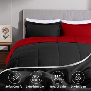 LOVTEX 3PCS Black and Red Comforter Set Queen - Ultra Soft Washed Microfiber Comforter Queen Set - Reversible Down Alternative Red Comforter Queen with 2 Pillow Shams(Red/Black)