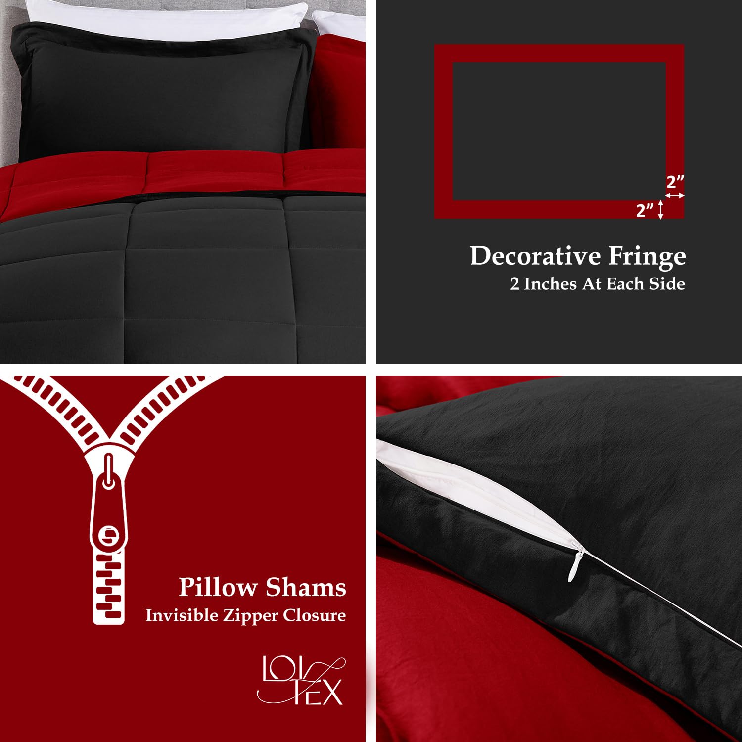 LOVTEX 3PCS Black and Red Comforter Set Queen - Ultra Soft Washed Microfiber Comforter Queen Set - Reversible Down Alternative Red Comforter Queen with 2 Pillow Shams(Red/Black)