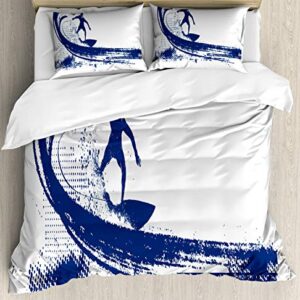 Ambesonne Surfboard Duvet Cover Set, Water Sports Activity Related Weathered Pattern of Pipeline Wave and Surfer, Decorative 3 Piece Bedding Set with 2 Pillow Shams, Queen Size, White Dark Blue