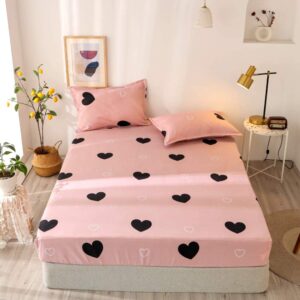 girls cute heart pattern fitted sheet for kids king size lovely pink black bedroom decor bed sheet set girly cartoon love geometric bedding set children modern design bed cover with 2 pillow case