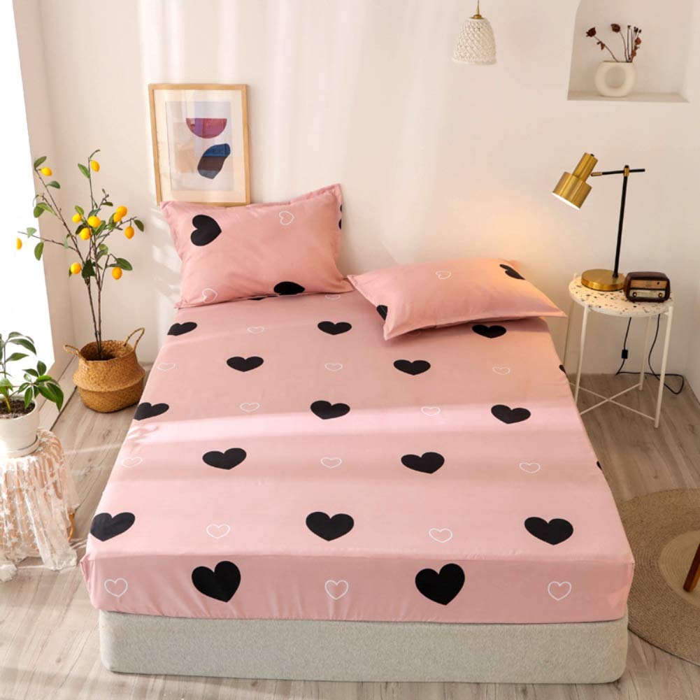 Girls Cute Heart Pattern Fitted Sheet for Kids King Size Lovely Pink Black Bedroom Decor Bed Sheet Set Girly Cartoon Love Geometric Bedding Set Children Modern Design Bed Cover with 2 Pillow Case