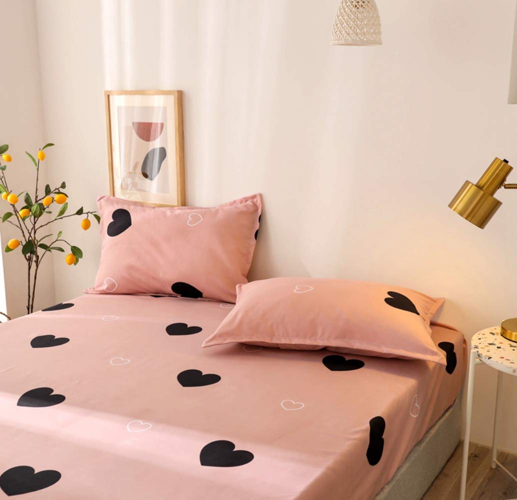 Girls Cute Heart Pattern Fitted Sheet for Kids King Size Lovely Pink Black Bedroom Decor Bed Sheet Set Girly Cartoon Love Geometric Bedding Set Children Modern Design Bed Cover with 2 Pillow Case