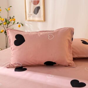 Girls Cute Heart Pattern Fitted Sheet for Kids King Size Lovely Pink Black Bedroom Decor Bed Sheet Set Girly Cartoon Love Geometric Bedding Set Children Modern Design Bed Cover with 2 Pillow Case