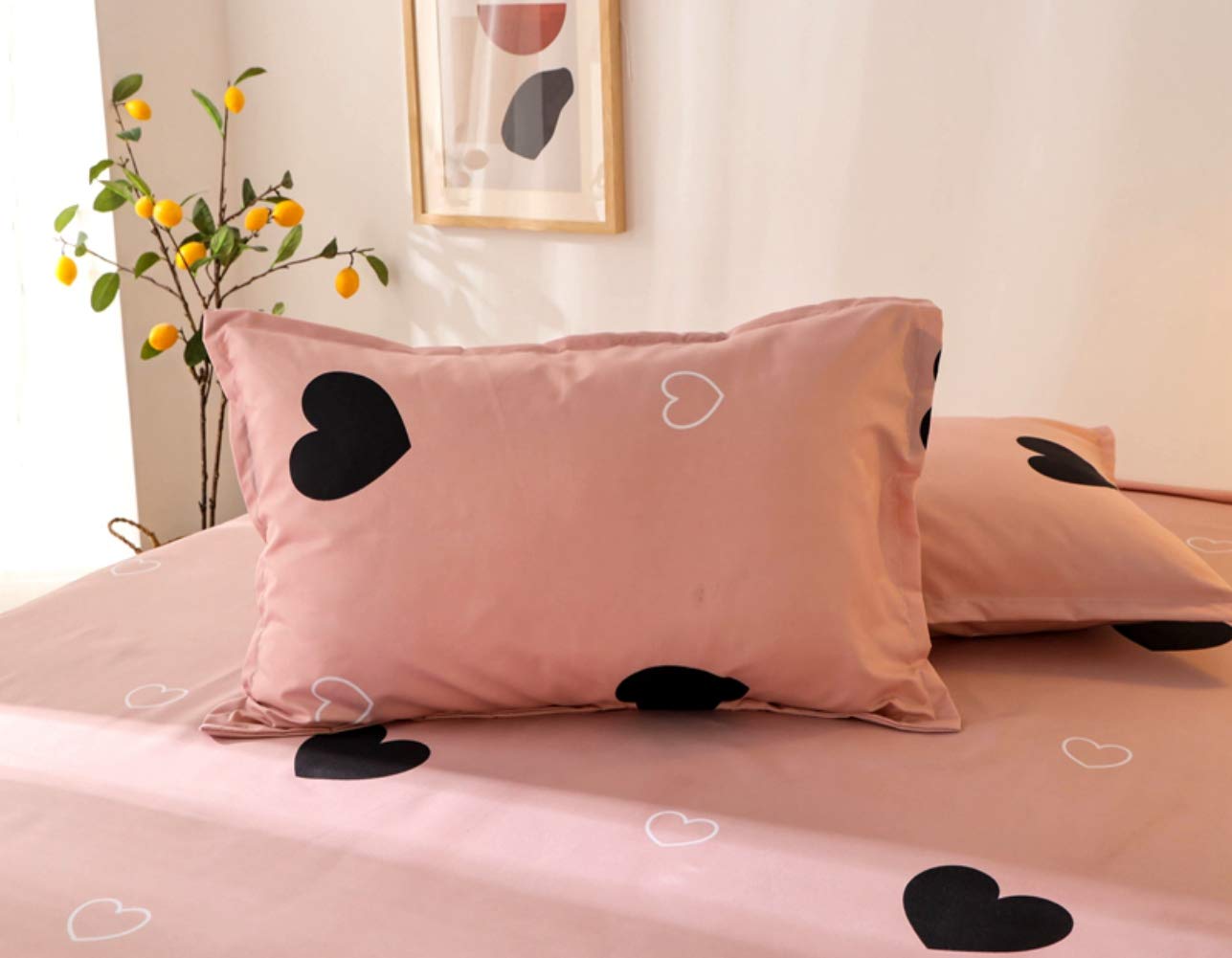 Girls Cute Heart Pattern Fitted Sheet for Kids King Size Lovely Pink Black Bedroom Decor Bed Sheet Set Girly Cartoon Love Geometric Bedding Set Children Modern Design Bed Cover with 2 Pillow Case