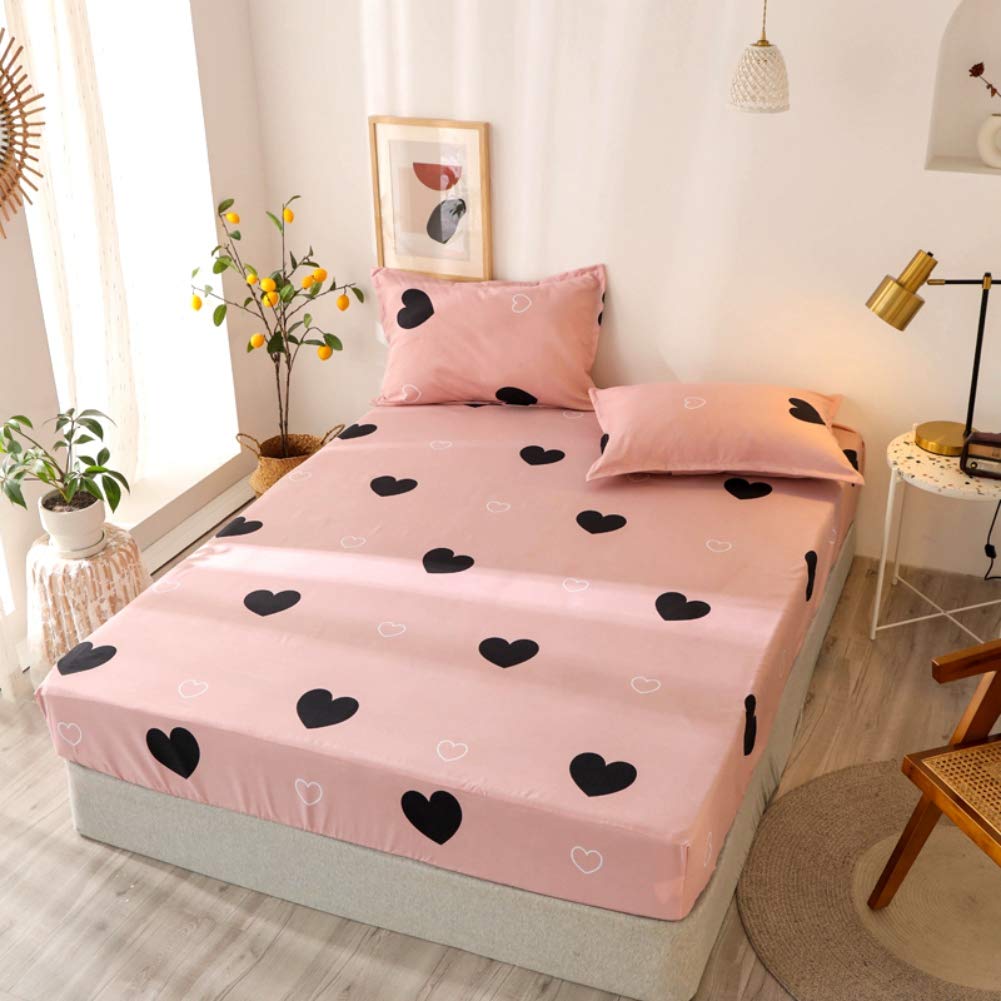 Girls Cute Heart Pattern Fitted Sheet for Kids King Size Lovely Pink Black Bedroom Decor Bed Sheet Set Girly Cartoon Love Geometric Bedding Set Children Modern Design Bed Cover with 2 Pillow Case