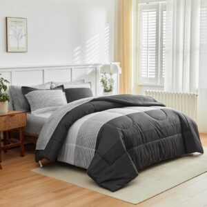 flysheep ombre striped bed in a bag 7 pieces king size, grey and white stripes comforter sheet set (1 comforter, 1 flat sheet, 1 fitted sheet, 2 pillow shams, 2 pillowcases)