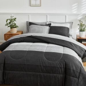 Flysheep Ombre Striped Bed in a Bag 7 Pieces King Size, Grey and White Stripes Comforter Sheet Set (1 Comforter, 1 Flat Sheet, 1 Fitted Sheet, 2 Pillow Shams, 2 Pillowcases)