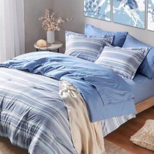 full size comforter set with sheets, modern blue and white striped bed in a bag, 7-piece complete bedding set including reversible comforter, 2 sheets, pillowcases & shams