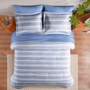 Full Size Comforter Set with Sheets, Modern Blue and White Striped Bed in a Bag, 7-Piece Complete Bedding Set Including Reversible Comforter, 2 Sheets, Pillowcases & Shams