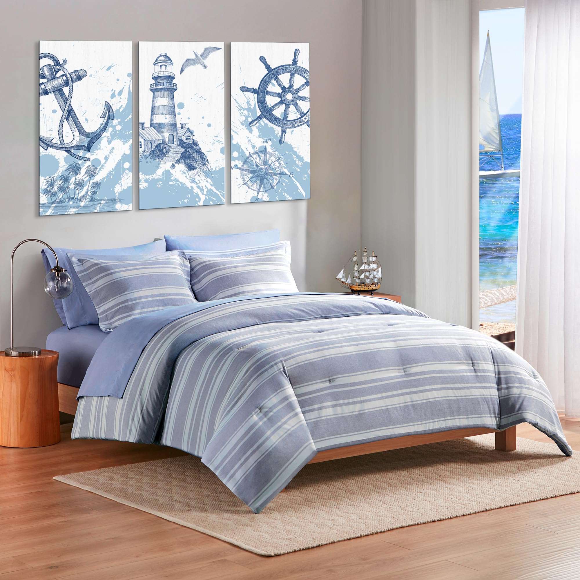 Full Size Comforter Set with Sheets, Modern Blue and White Striped Bed in a Bag, 7-Piece Complete Bedding Set Including Reversible Comforter, 2 Sheets, Pillowcases & Shams