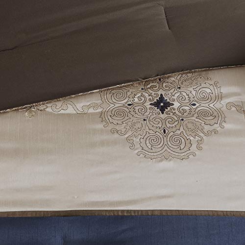 Madison Park Essentials Delaney 24-Piece Room In A Bag Comforter Set-Satin Jacquard All Season Luxury Bedding, Sheets, decorative pillows and Curtains, Valance, Queen (90 in x 90 in), Medallion Navy