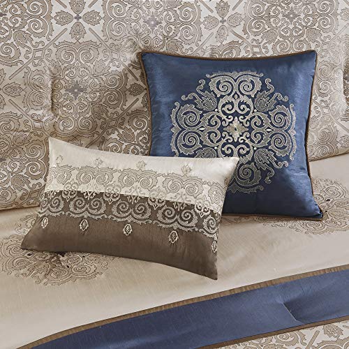 Madison Park Essentials Delaney 24-Piece Room In A Bag Comforter Set-Satin Jacquard All Season Luxury Bedding, Sheets, decorative pillows and Curtains, Valance, Queen (90 in x 90 in), Medallion Navy