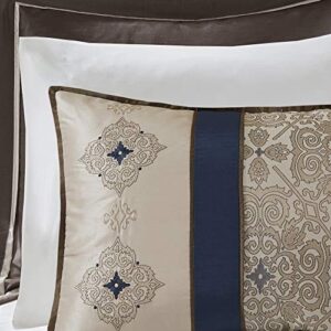 Madison Park Essentials Delaney 24-Piece Room In A Bag Comforter Set-Satin Jacquard All Season Luxury Bedding, Sheets, decorative pillows and Curtains, Valance, Queen (90 in x 90 in), Medallion Navy