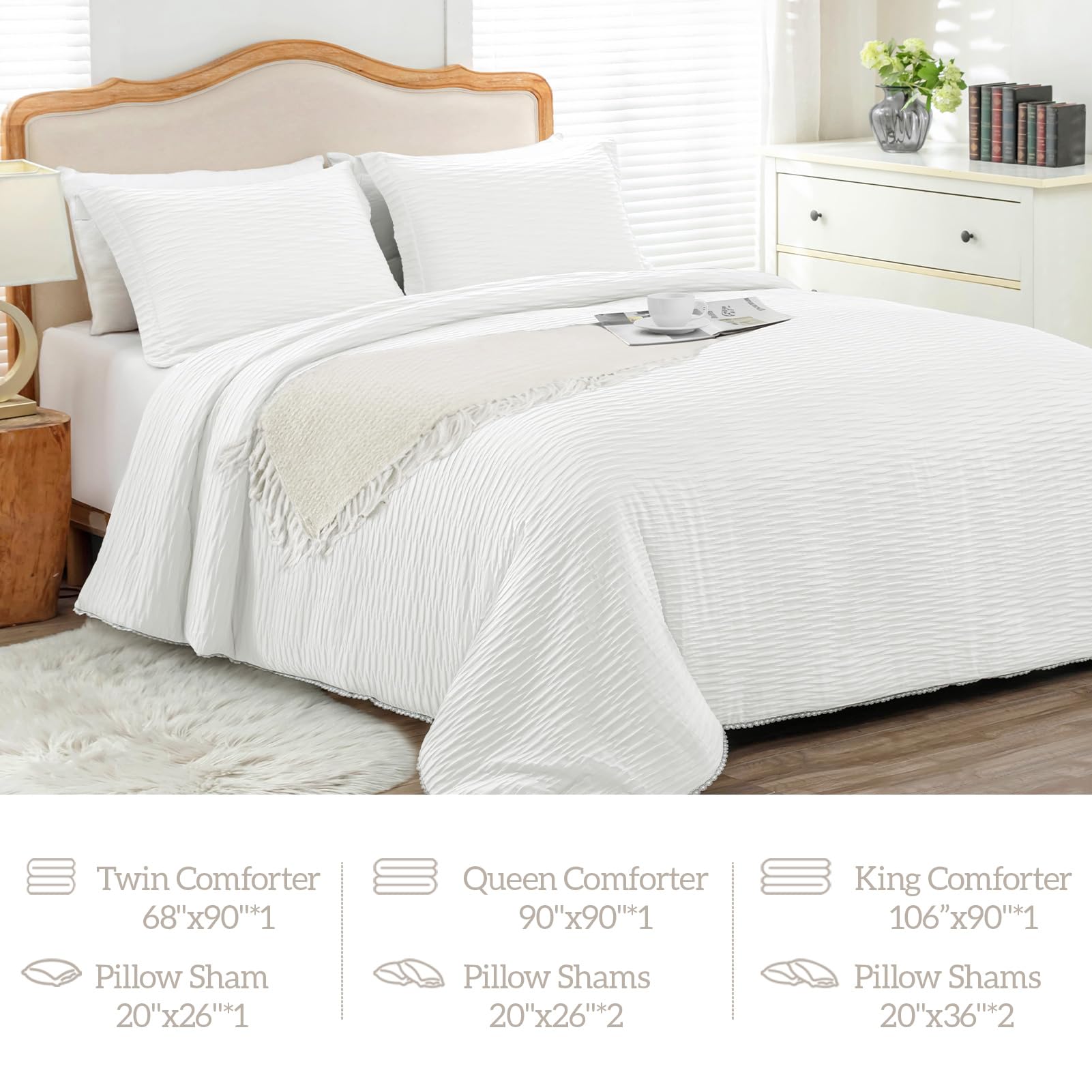 Homelike Moment Boho King Size Comforter Set White, 3 Pcs Lightweight Warm Jacquard King Bedding Comforter Set for All Seasons, Down Alternative Soft Comforter Sets King Size Bed with 2 Pillow Shams