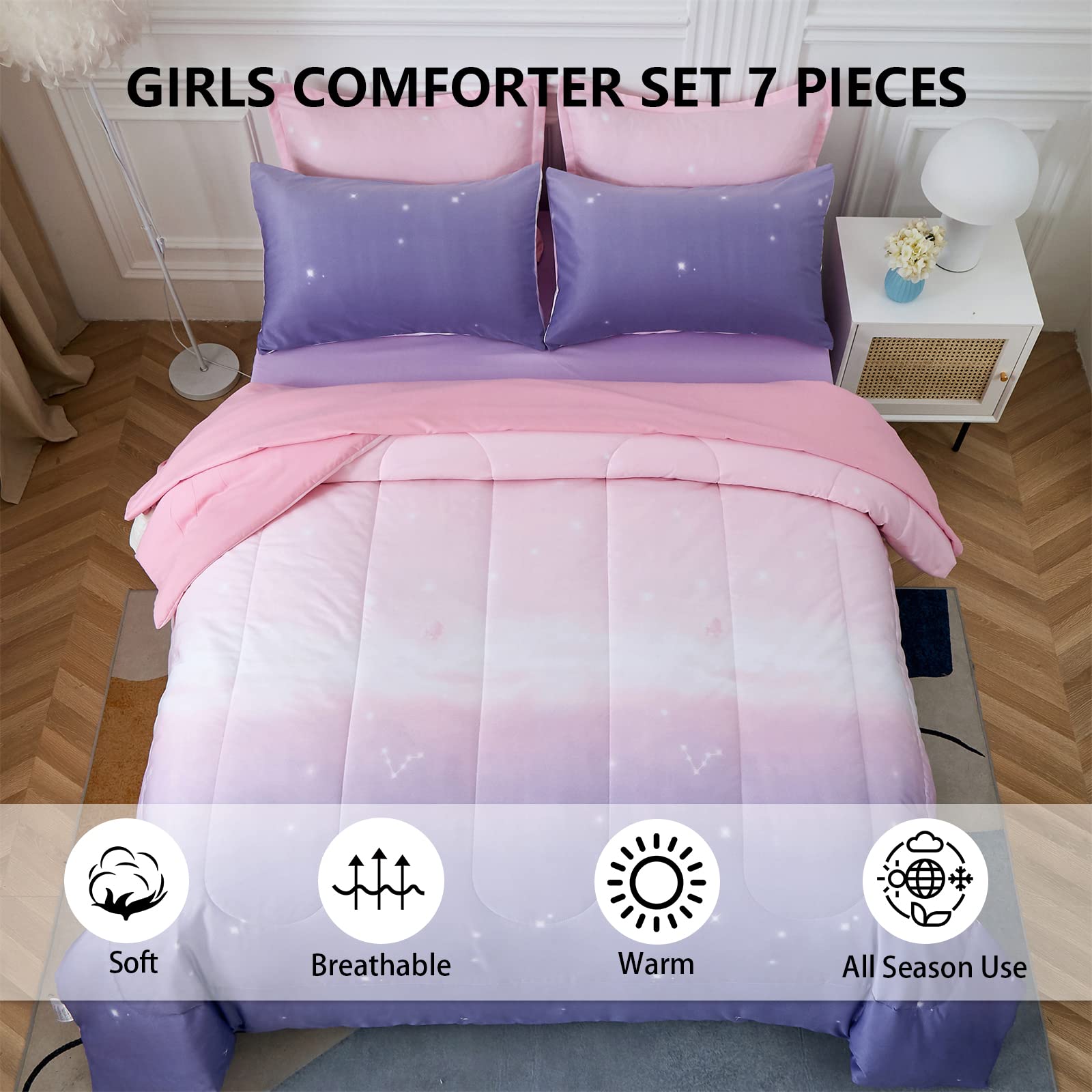 Dinjoy Girls Women Comforter Set King Size Ombre Pink Purple Rainbow Bedding Set 7 Pieces Bed in A Bag for Teen Adult (1 Comforter, 1 Flat Sheet, 1 Fitted Sheet, Pillow shams & Pillowcases)