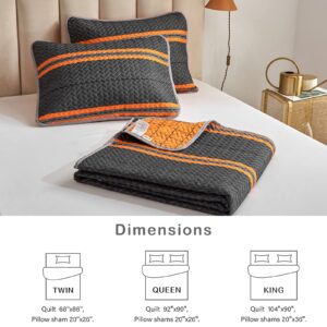 Flysheep Modern Boho Quilt Set Full Queen Size, 3 Pcs Bright Orange Striped on Black Bedspread, Soft Microfiber Coverlet for All Season - 1 Quilt and 2 Pillow Shams