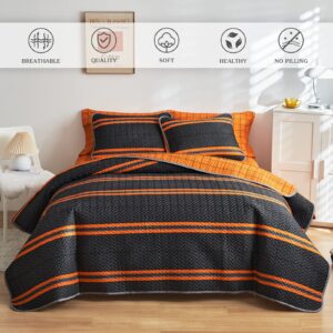 Flysheep Modern Boho Quilt Set Full Queen Size, 3 Pcs Bright Orange Striped on Black Bedspread, Soft Microfiber Coverlet for All Season - 1 Quilt and 2 Pillow Shams