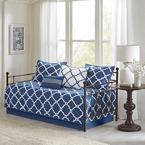 Madison Park Essentials Merritt Reversible Daybed Cover-Fretwork Print, Diamond Quilting All Season Cozy Bedding with Bedskirt, Matching Shams, Decorative Pillow, 75"x39", Navy 6 Piece