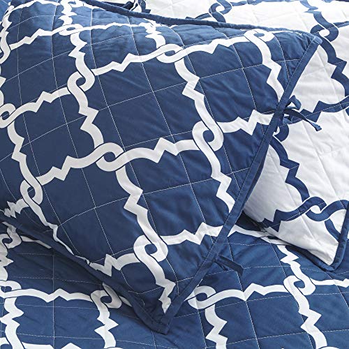 Madison Park Essentials Merritt Reversible Daybed Cover-Fretwork Print, Diamond Quilting All Season Cozy Bedding with Bedskirt, Matching Shams, Decorative Pillow, 75"x39", Navy 6 Piece