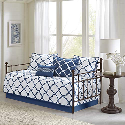 Madison Park Essentials Merritt Reversible Daybed Cover-Fretwork Print, Diamond Quilting All Season Cozy Bedding with Bedskirt, Matching Shams, Decorative Pillow, 75"x39", Navy 6 Piece