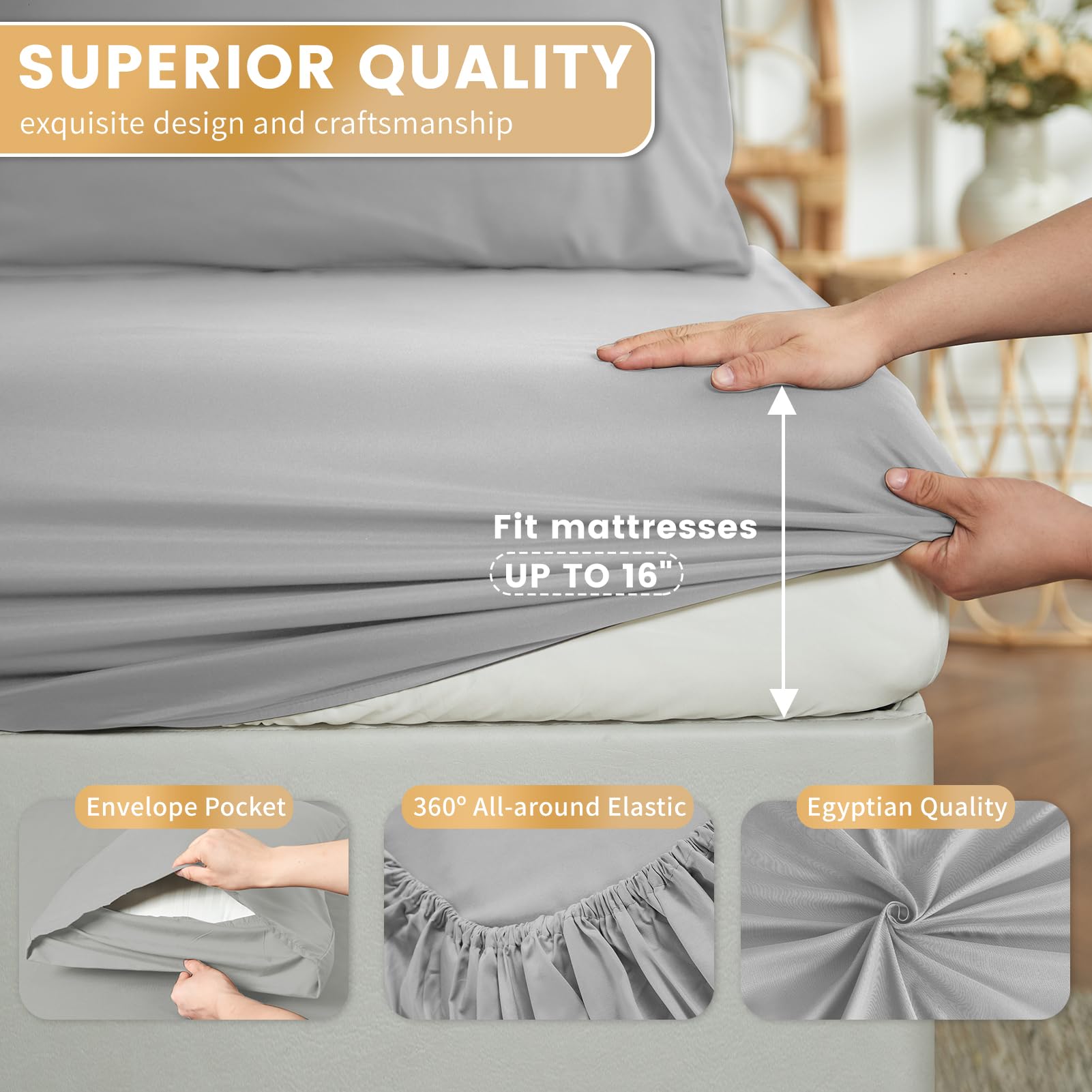 Bedlifes King Sheet Set- Cooling Sheets-Ultra Soft-Silky-Breathable-Deep Pocket- 1800 Series Bedding Set Microfiber- Grey Bed Sheets King Size 4 Pieces