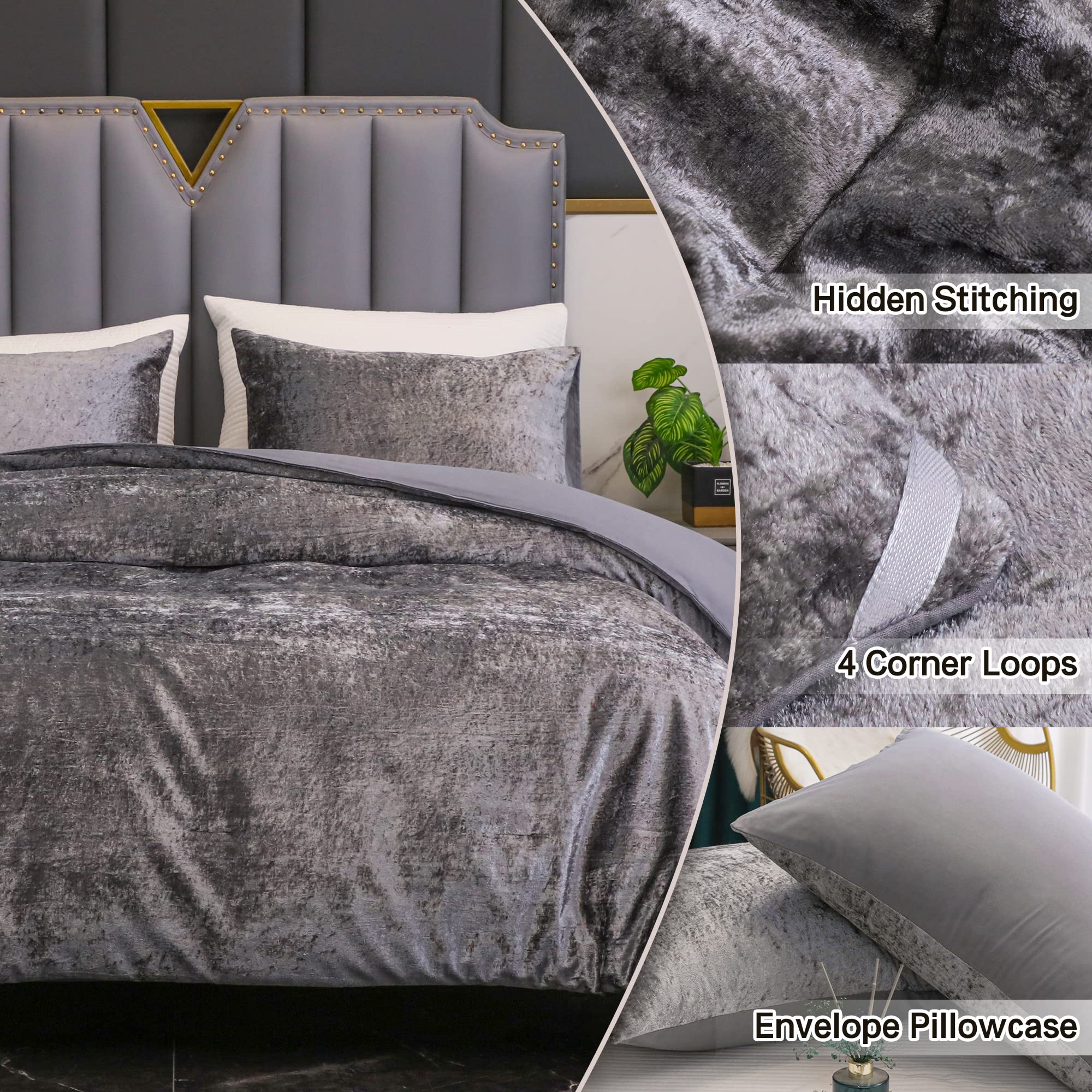 YOZEN Queen Size Korean Velvet Comforter Set Grey Gray, 3 Pieces Crushed Crinkled Luxury Textured Bedding Comforter Sets, Lightweight Microfiber Down Alternative Bed Set