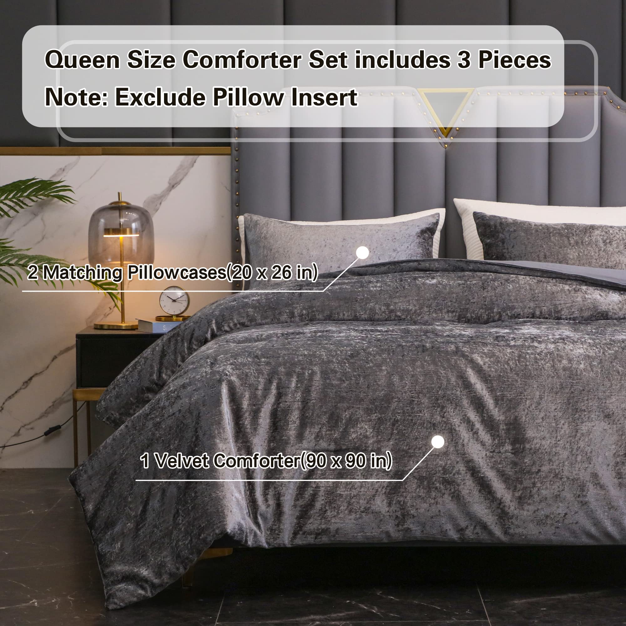 YOZEN Queen Size Korean Velvet Comforter Set Grey Gray, 3 Pieces Crushed Crinkled Luxury Textured Bedding Comforter Sets, Lightweight Microfiber Down Alternative Bed Set