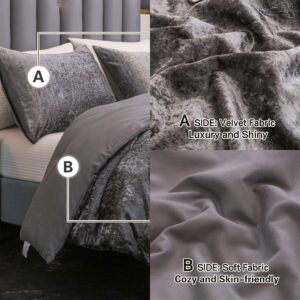 YOZEN Queen Size Korean Velvet Comforter Set Grey Gray, 3 Pieces Crushed Crinkled Luxury Textured Bedding Comforter Sets, Lightweight Microfiber Down Alternative Bed Set