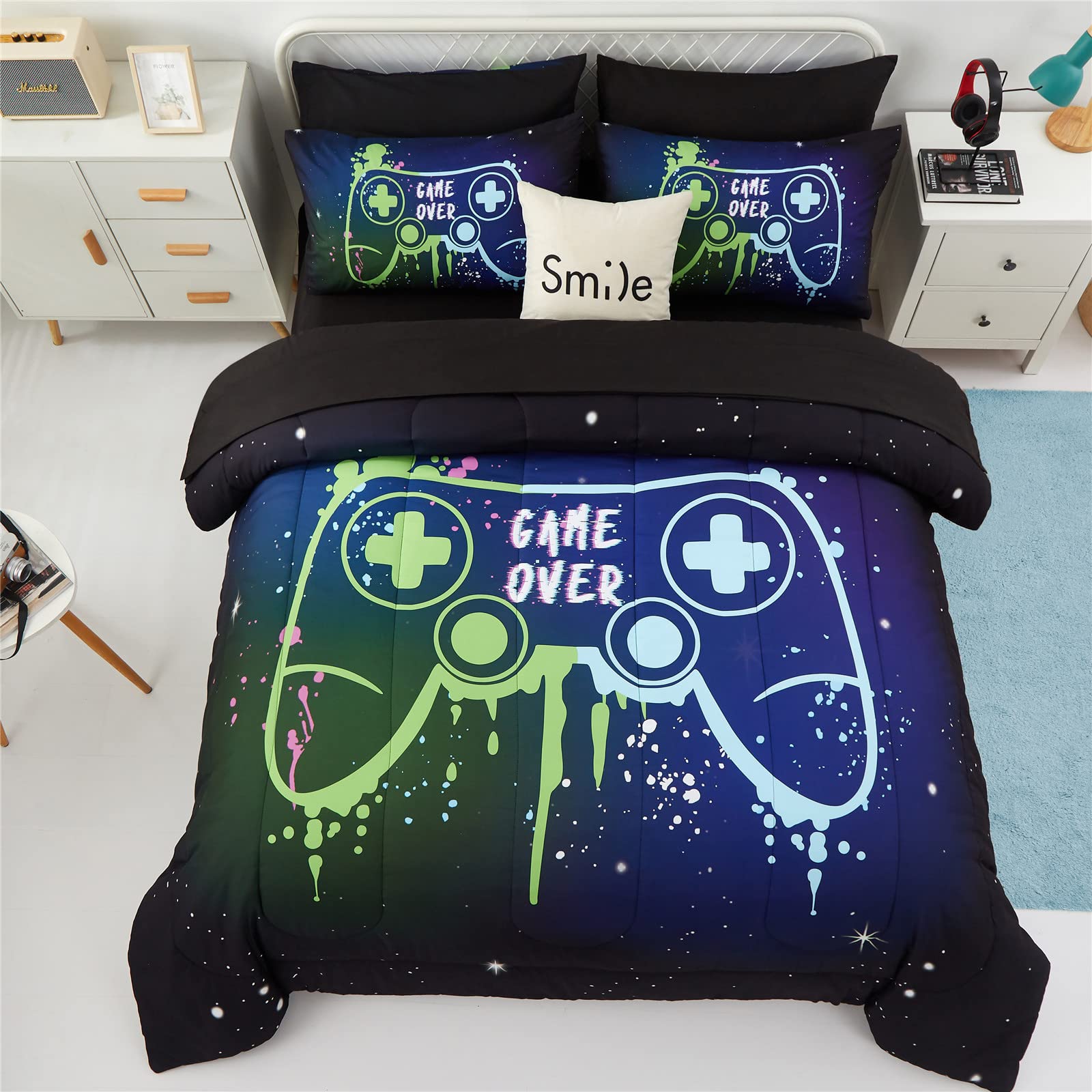 Kids Gaming Bedding Sets Twin Size for Boys Teen, 4 Piece Bed in a Bag Gamer Comforter Set with Sheets, 3D Colorful Video Game Controller Comforter, All Season Soft Microfiber Bed Set(Blue,Twin)