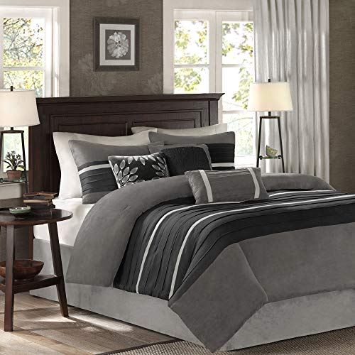 Madison Park Palmer Comforter Set - Faux Suede Design, Striped Accent, All Season Down Alternative Bedding, Matching Shams, Decorative Pillow, Bed Skirt, Full (82 in x 90 in), Black 7 Piece