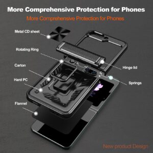 for Samsung Galaxy Z Flip 5 5G Case with Hinge Protection,Slide Camera Cover Heavy Duty Military Drop Cases Ring Kickstand Magnetic Car Mount Shockproof Bumper Phone Case for Galaxy Z Flip 5 5G Black