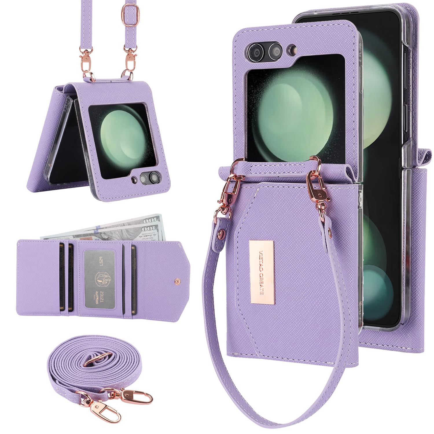 XIMAND for Samsung Galaxy Z Flip 5 Wallet Case with Built-in Leather Cash Slot and Credit Card Holder. Wristlet Strap and Hinge Protection, Carrying Handbag Phone Case for Women Ladies.(Purple)