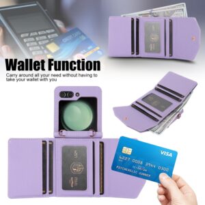 XIMAND for Samsung Galaxy Z Flip 5 Wallet Case with Built-in Leather Cash Slot and Credit Card Holder. Wristlet Strap and Hinge Protection, Carrying Handbag Phone Case for Women Ladies.(Purple)