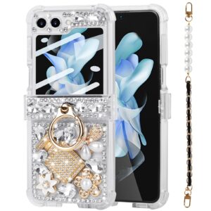 Leiju Case for Samsung Galaxy Z Flip 5 Cute Case with Strap Hinge Protection,3D Handmade Sparkle Stunning Stones Crystal Diamond Bling Glitter Phone Case with Screen Protector