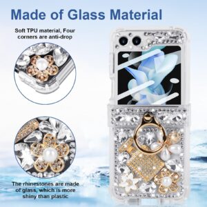 Leiju Case for Samsung Galaxy Z Flip 5 Cute Case with Strap Hinge Protection,3D Handmade Sparkle Stunning Stones Crystal Diamond Bling Glitter Phone Case with Screen Protector