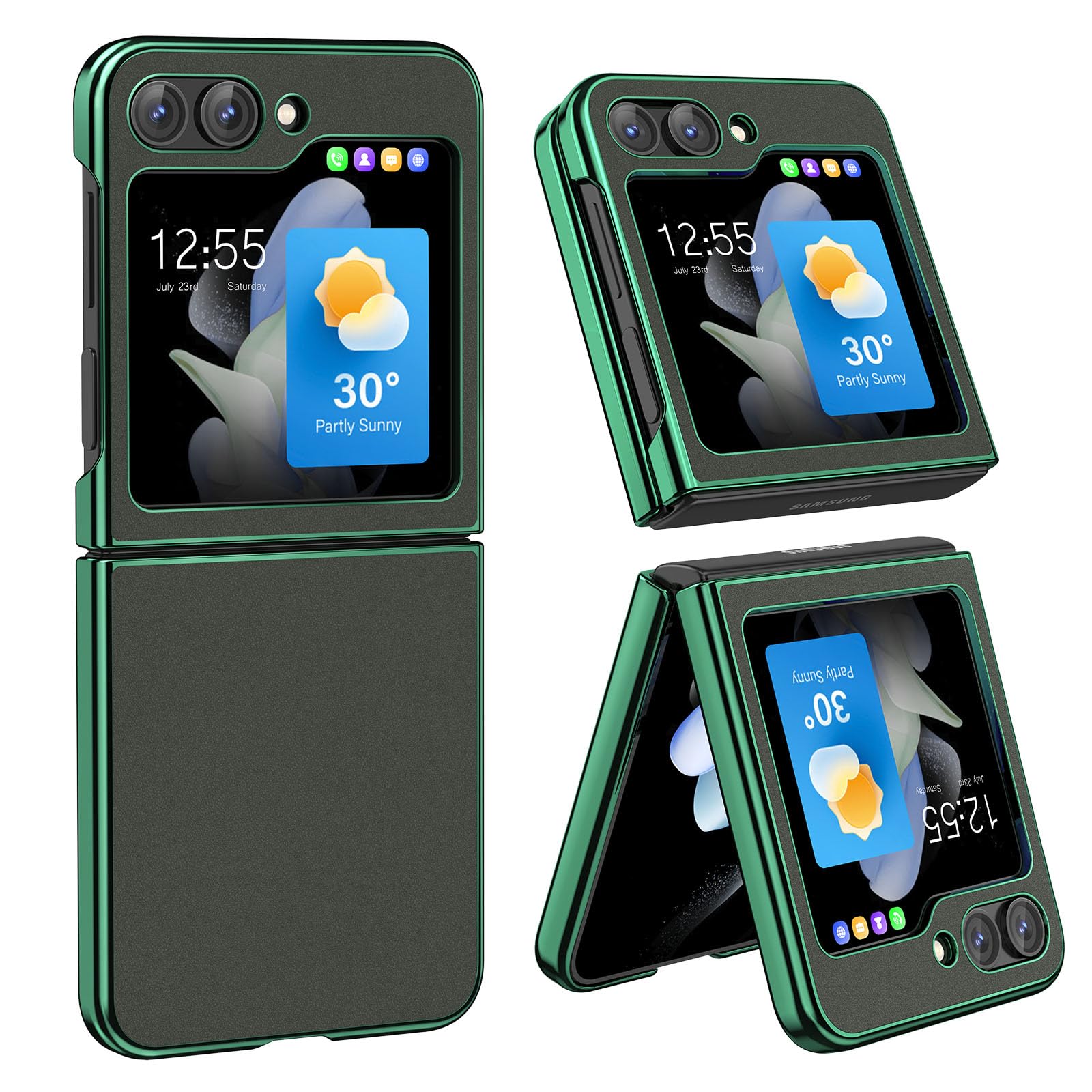 MATEPROX Phone Case for Samsung Galaxy Z Flip 5 Case, Slim Thin Lightweight Protective Phone Case with Non-Slip Leather Back with Electroplated Frame for Samsung Galaxy Z Flip 5 5G-Green