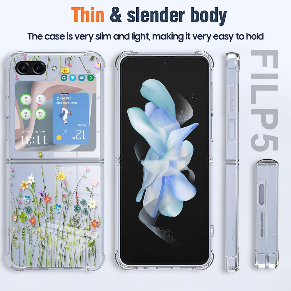 OOK Clear Design for Samsung Galaxy Z Flip 5 Case with Flower Clear Floral Phone Case Shockproof Hard PC Back Protective Cover for Women Girls Green Flower Case for Galaxy Z Flip 5 (wild-flowers)