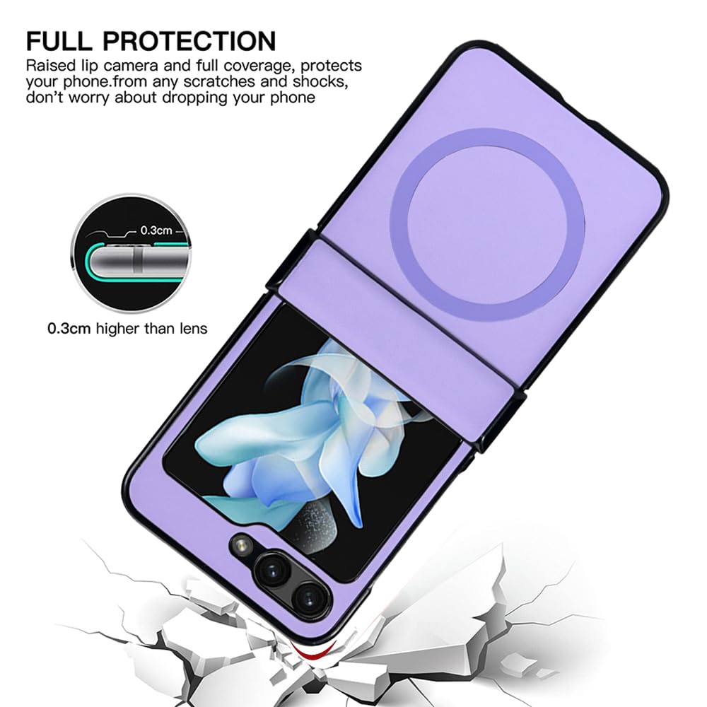 MSOTES for Galaxy Z Flip 5 Case with Hinge Protection, Built-in Screen Protector, Compatible with MagSafe, Luxury Leather Case Full Protection Slim Lightweight for Samsung Galaxy Z Flip5 5G (Purple)