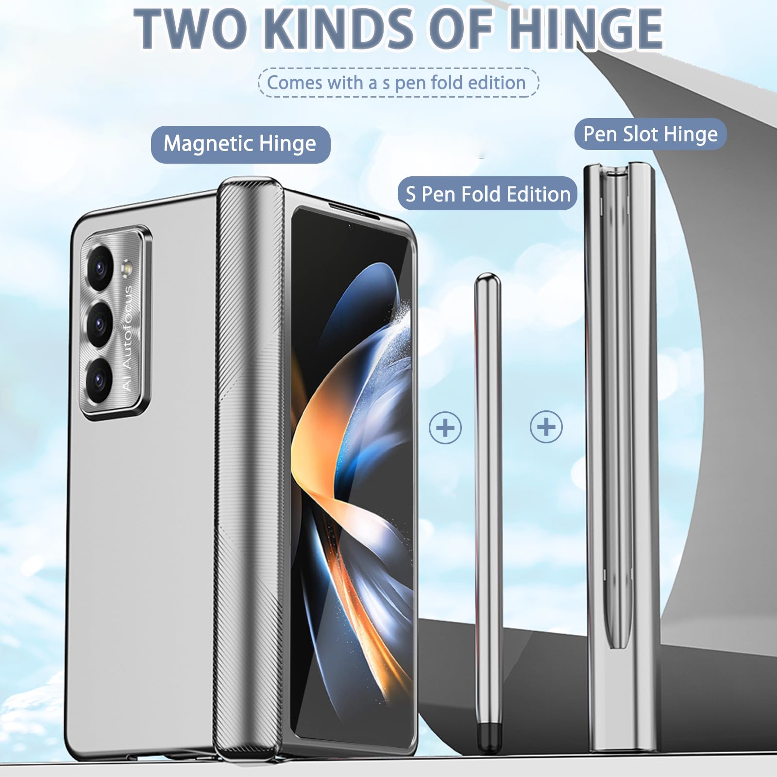 NINKI Compatible Magnetic Hinged Case for Samsung Z Fold 5 Case with S Pen & S Pen Holder,4 in 1 Hinge Protective Screen Protector Case for Galaxy Z Fold 5 Case,Galaxy Z Fold 5 5g Case Pen Slot Silver