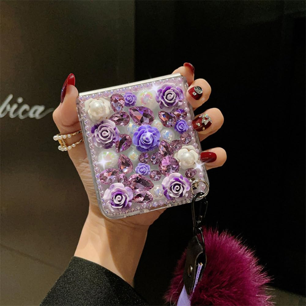 for Samsung Galaxy Z Flip 5 Case,Samsung Flip 5 Case Cute Bling Diamond Girly Design,Galaxy Flip 5 Case 3D Handmade Pearl Rose Flower with Wrist Lanyard,Flip 5 Phone Case for Women Girls (Purple)