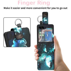 Singolas for Galaxy Z Flip 5 Case, Butterfly Samsung Z Flip 5 Case Wallet Card Holder Slot Leather Flip Protective Samsung Galaxy Z Flip 5 Case with Ring Shockproof Pocket Case for Samsung Z Flip 5 5G