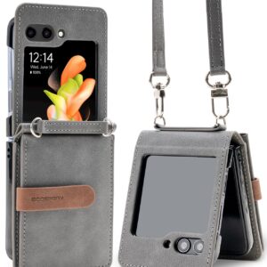 GOOSPERY Wallet Case Compatible with Galaxy Z Flip 5 Case, Detachable Card Holder 2 Card Pocket Storage Premium PU Leather Adjustable Cross-Body Strap Attached Earbud Cord Organizer - Grey